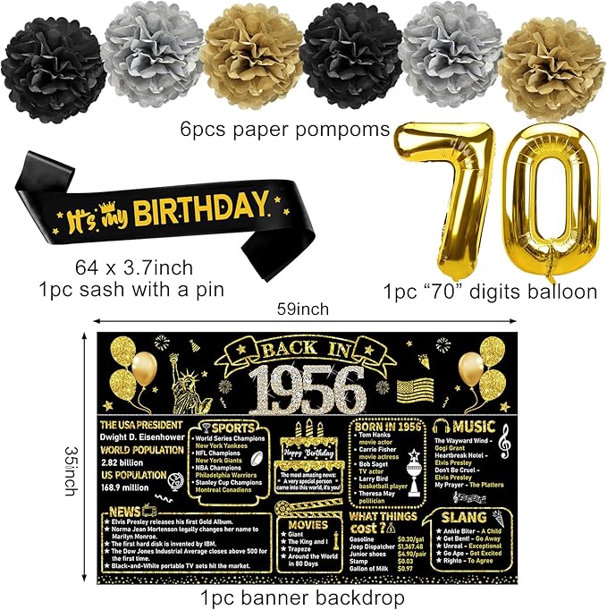 70th Birthday Decorations for Men Women 21pcs the Year 1956 Banner