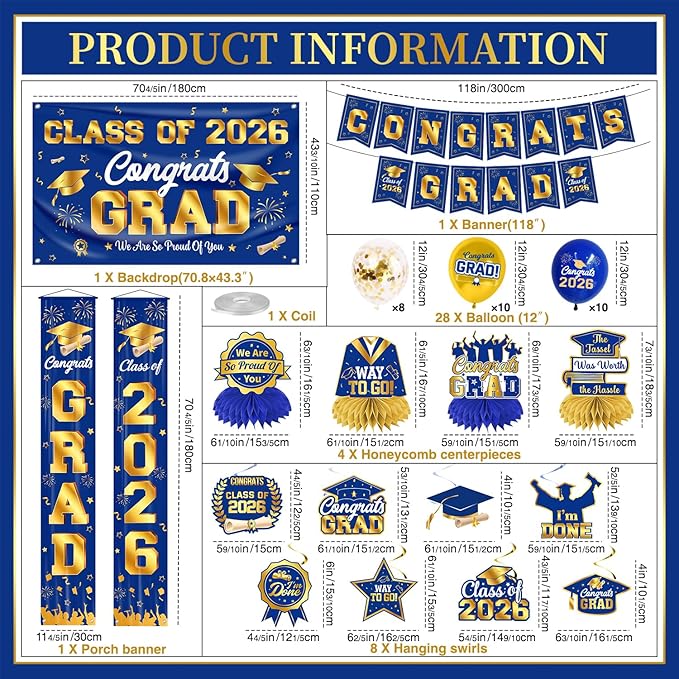 Graduation Decorations Class of 2026 Blue and Gold Graduation Party