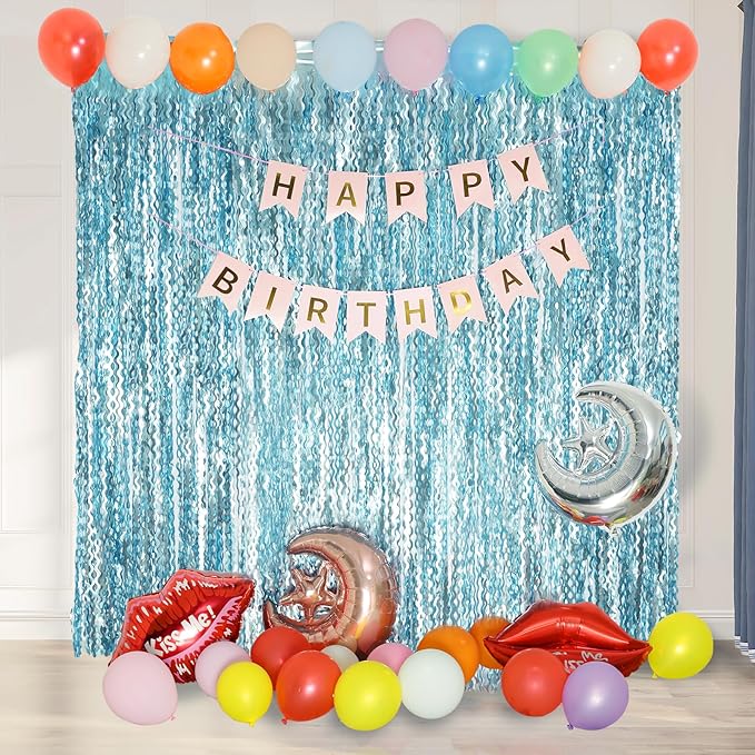 4 Pack Wavy Blue Foil Fringe Curtain 3.3x6.6 Feet | Blue Streamers