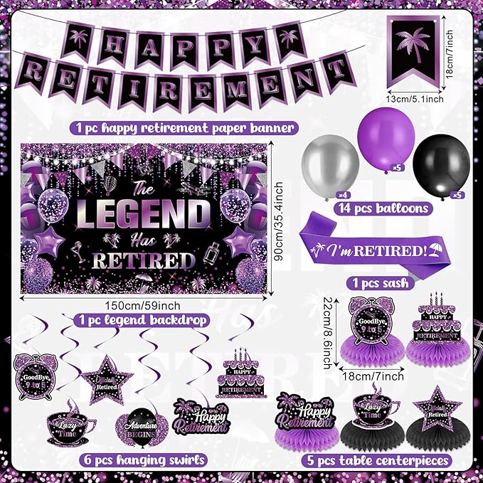 28pcs Retirement Party Decorations Purple The Legend Has Retired