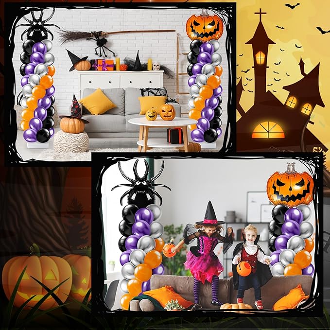 2 Sets Halloween Balloon Column Stand Kit with Scary Pumpkin Spider