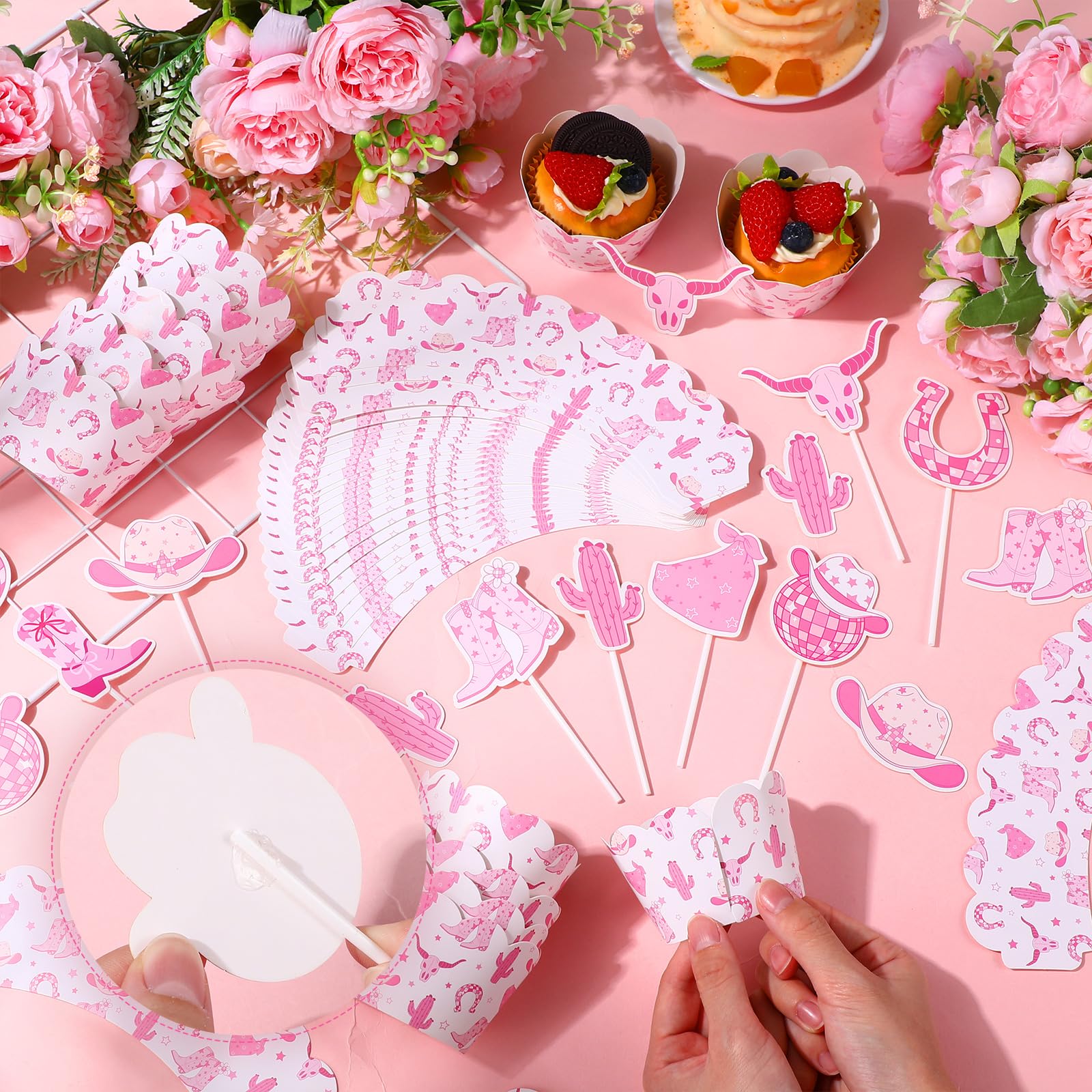 Widecook 96 Pcs Cowgirl Cupcake Toppers and Wrappers Western Cowgirl