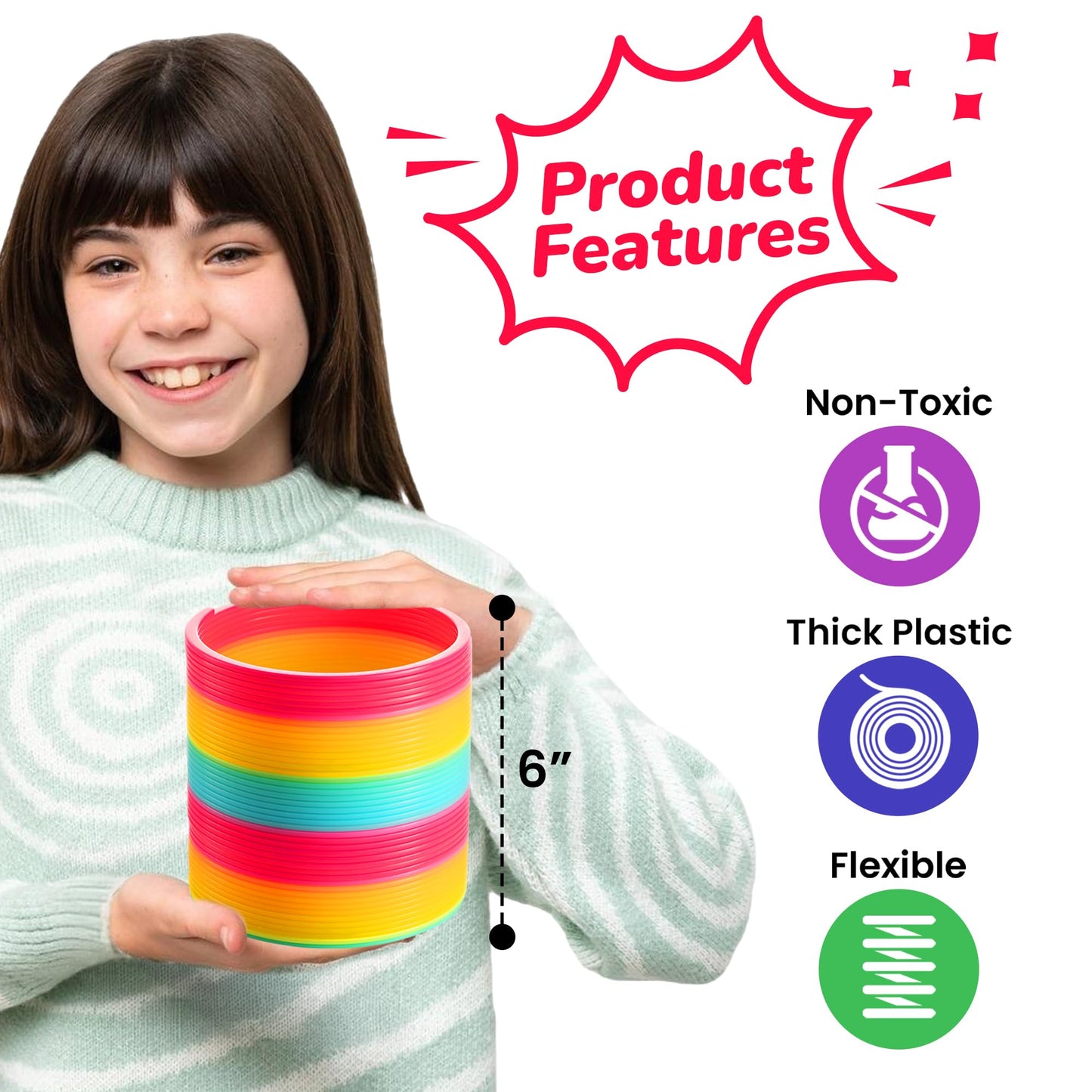 Bedwina Jumbo Rainbow Spring Coil Toy - 6" Plastic Giant Spring Coil