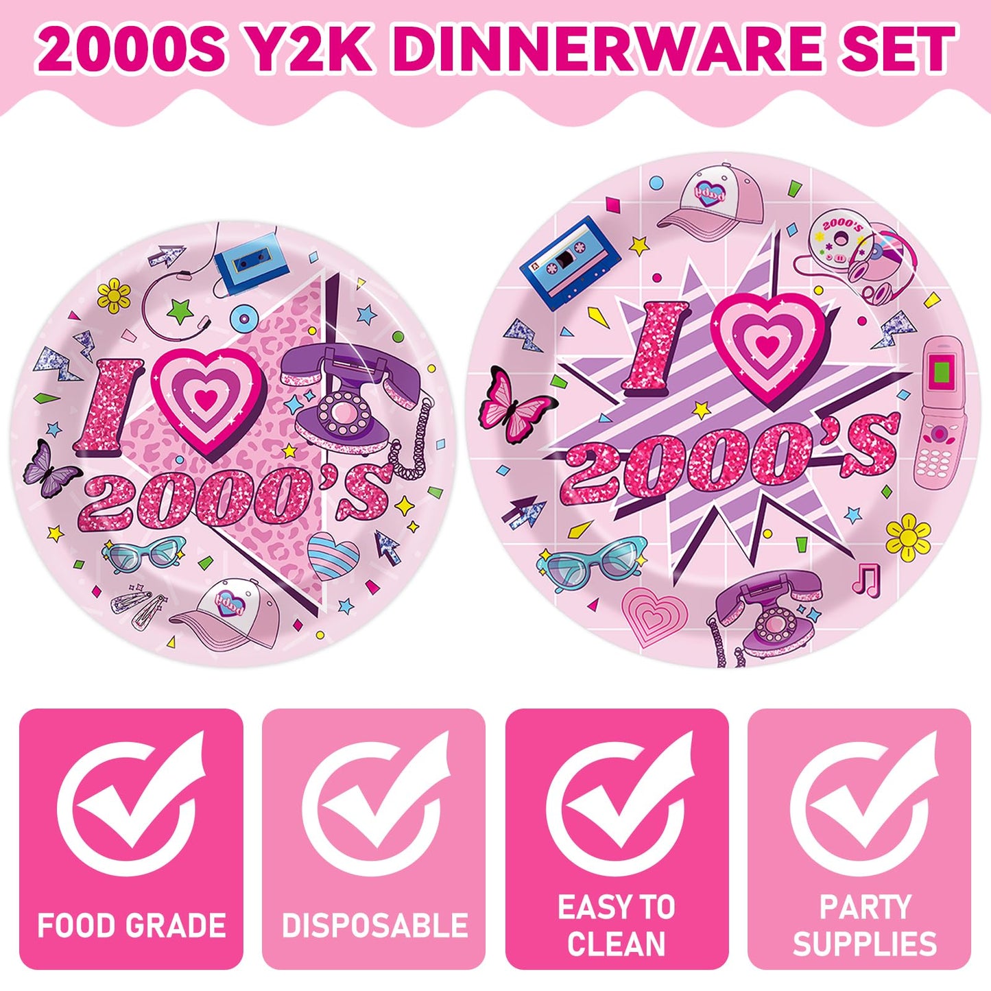 Qyeahkj 100Pcs 2000s Y2K Pink Decorations Party Supplies 90s Plates
