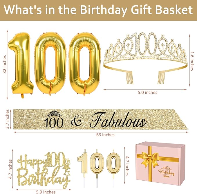 100th Birthday Decorations Women Gold with Crown and Sash Candles