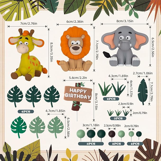 19pcs Safari Animal Cake Topper Jungle Wild Cake Toppers with Leaves