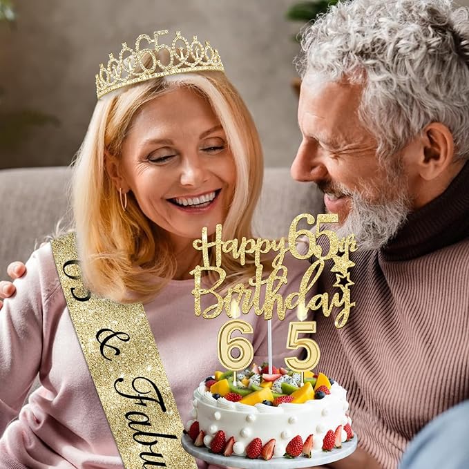 65th Birthday Decorations for Women with Tiara and Sash Candles and