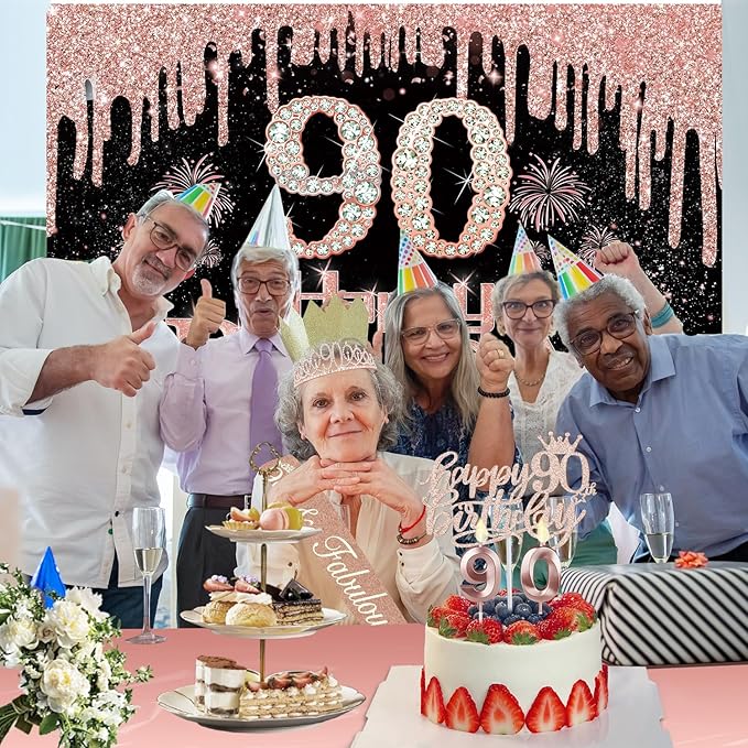 90th Birthday Decorations for Women with Banner Rose Gold Tablecloth