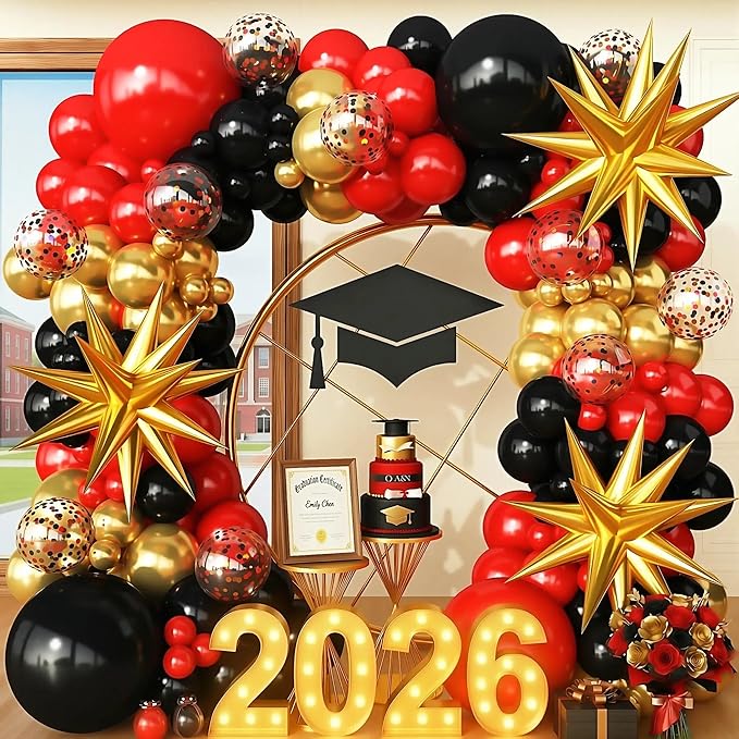 Red Gold Black Balloons Arch Kit Garland for 2026 Graduation