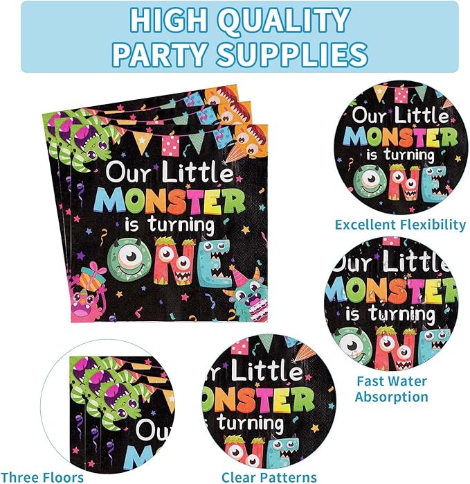 96 Pcs Monster 1st Birthday Party Supplies Little Monster Plates and