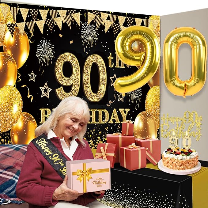 90th Birthday Decorations Men Women with 90th Birthday Banner Black