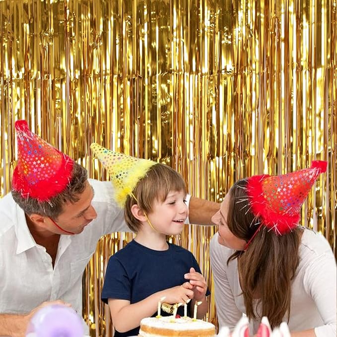 2 Pack Gold Fringe Curtain Backdrop, 3.2Ft x 8.2Ft Metallic Photo