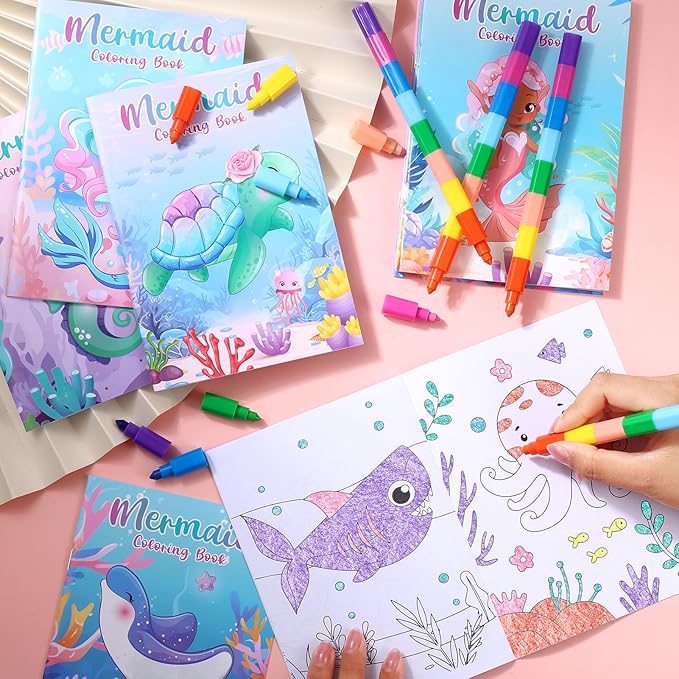 24 Mermaid Mini Coloring Books Kids with 24 Stacking Crayons Little