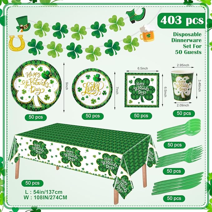 403 Pcs St Patrick's Day Party Decorations for 50 Lucky Shamrock