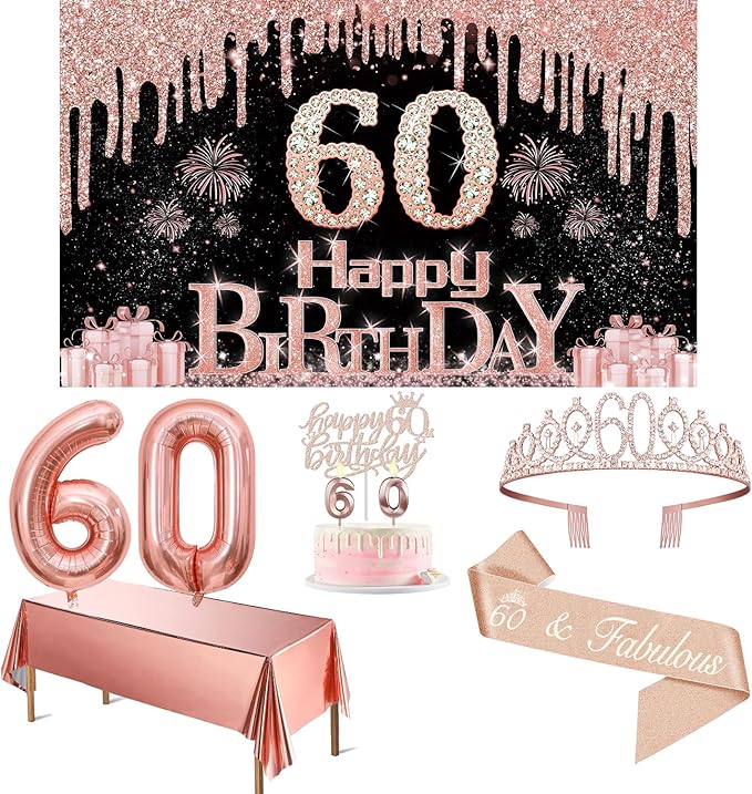 60th Birthday Decorations for Woman with Banner Rose Gold Tablecloth