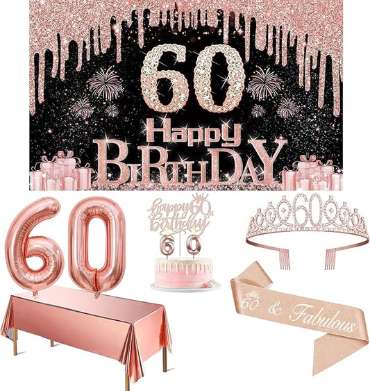 60th Birthday Decorations for Woman with Banner Rose Gold Tablecloth