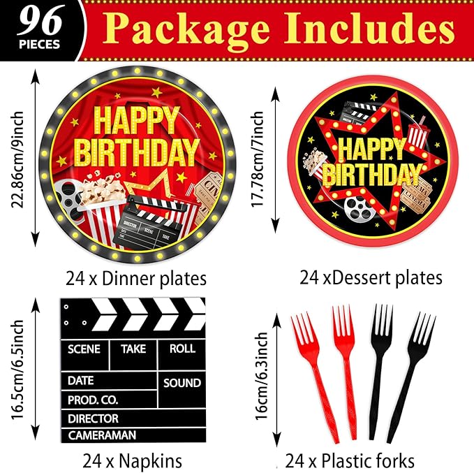 96PCS Movie Theme Birthday Party Paper Plates and Napkins Happy