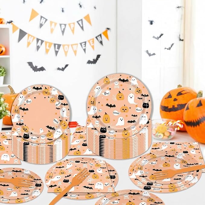 96 Pcs Halloween Plates and Napkins Ghost Spooktacular Halloween