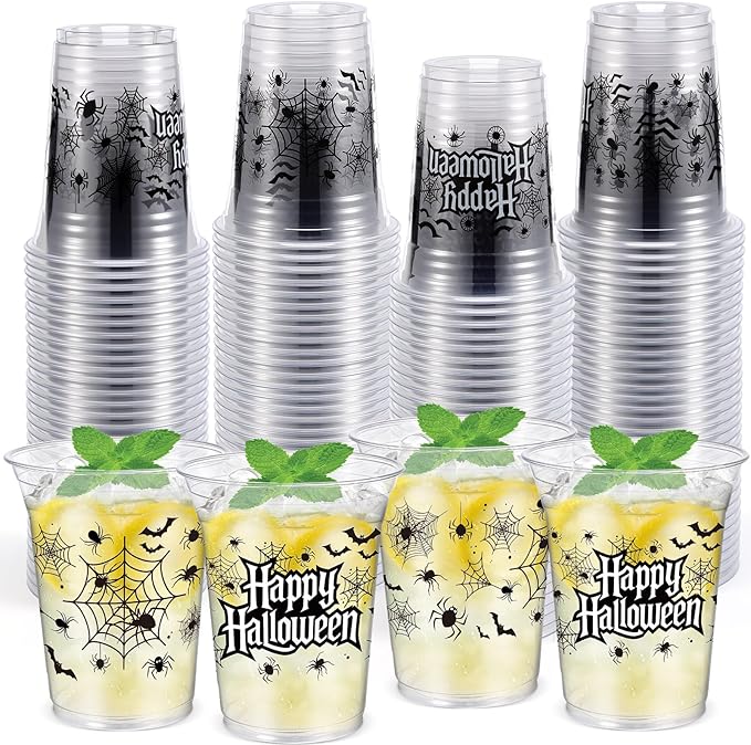 50 Pcs Halloween Cups 12 oz Spider Plastic Cups Clear Happy