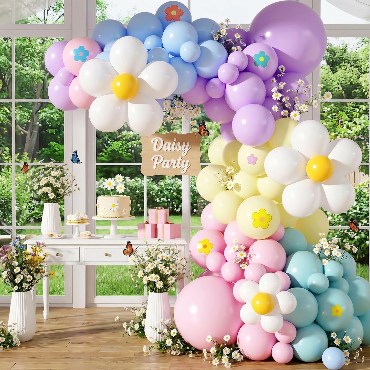 Daisy Balloon Garland Arch Kit,Pink Purple Yellow Blue Pastel Rainbow