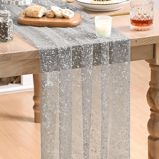 Artoid Mode Grey Gold Gauze Table Runner 120 Inch 10FT, Glitter