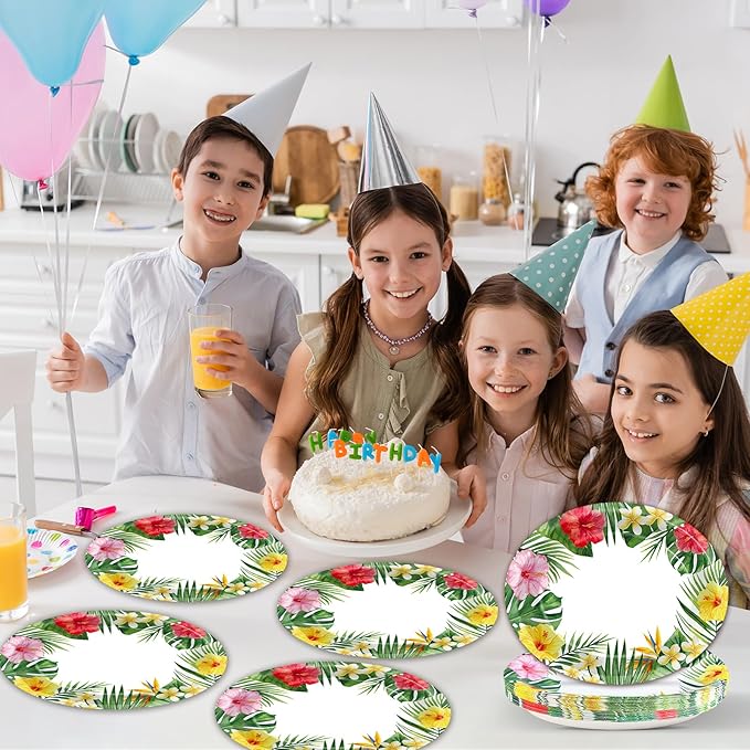 50Pcs Hawaiian Luau Oval Plates Aloha Floral Disposable Plates 11 x