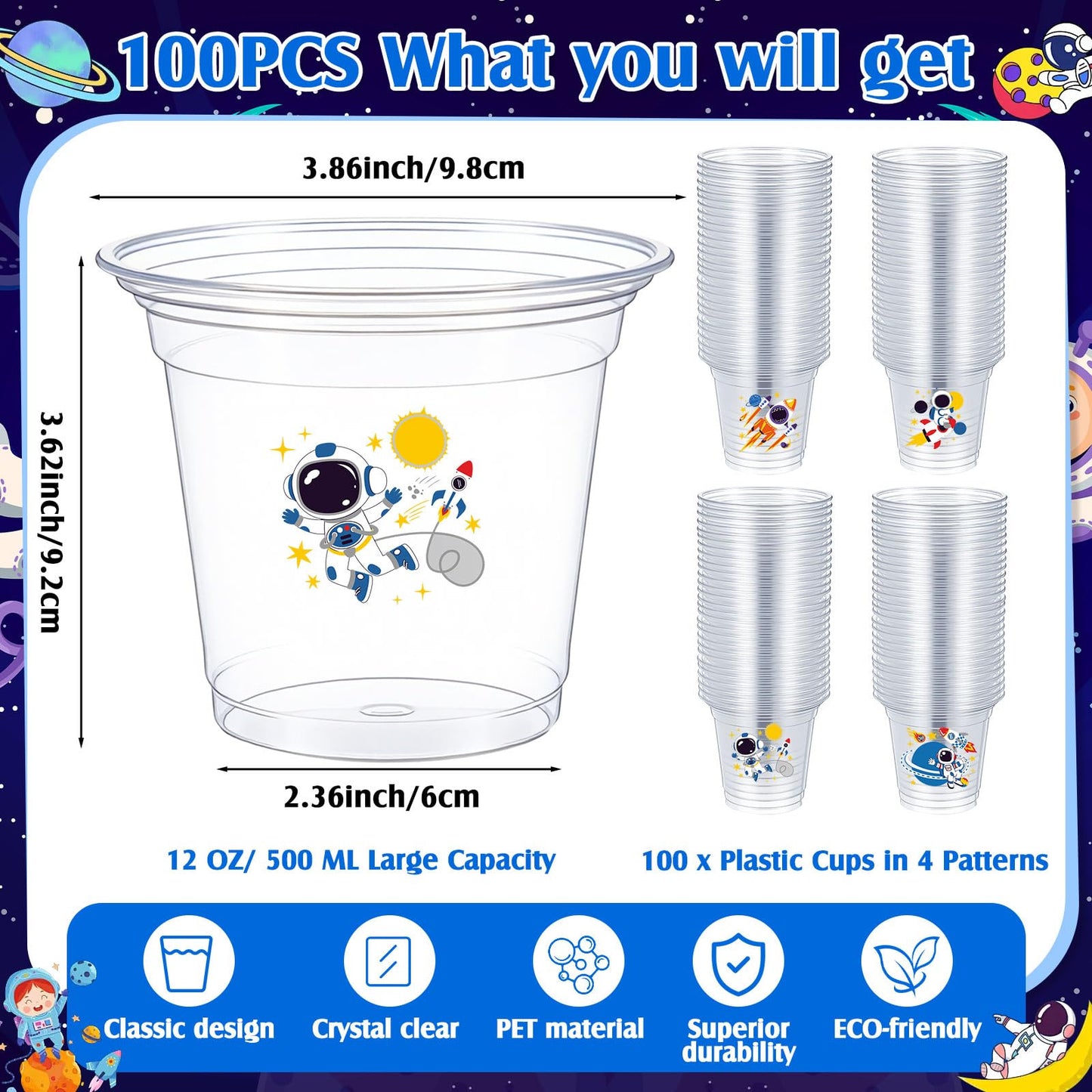 100 Pcs Space Party Plastic Cups 12 oz Astronaut Disposable