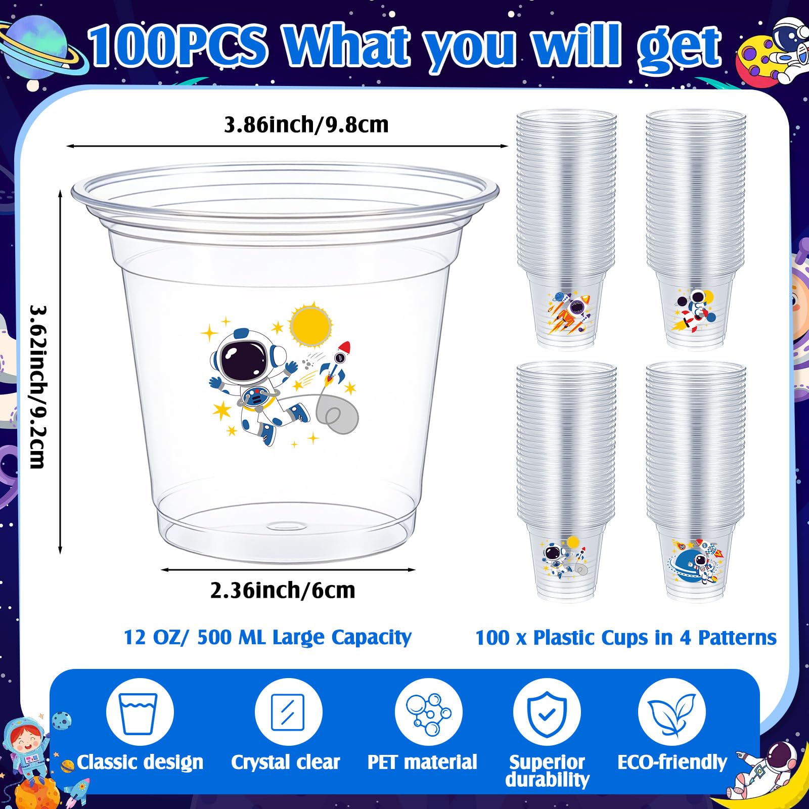 100 Pcs Space Party Plastic Cups 12 oz Astronaut Disposable
