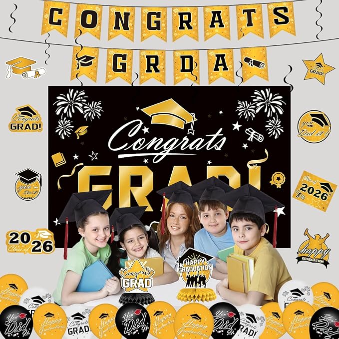 Graduation Decorations 2026 Set - Gold Themed Congrats Grad Banner,