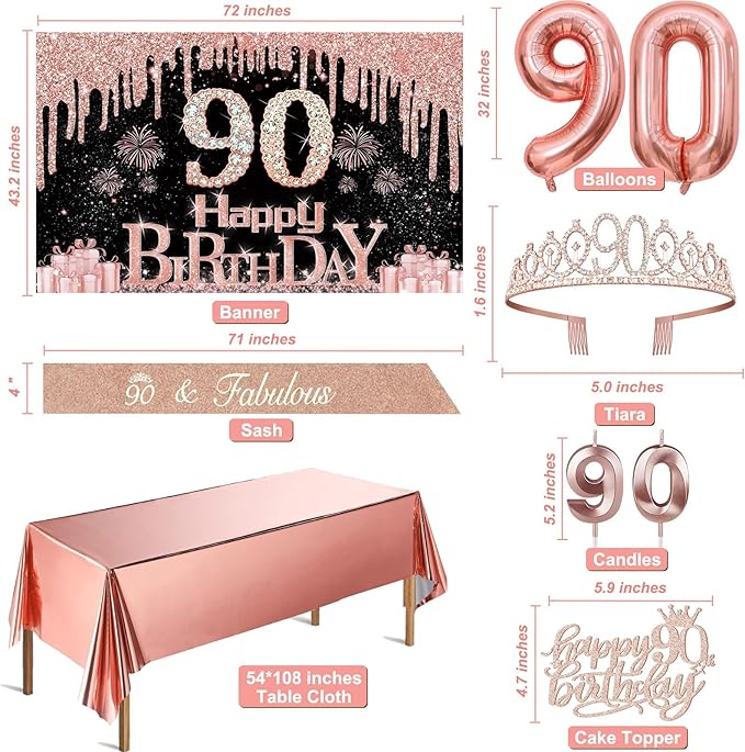 90th Birthday Decorations for Women with Banner Rose Gold Tablecloth
