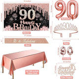 90th Birthday Decorations for Women with Banner Rose Gold Tablecloth
