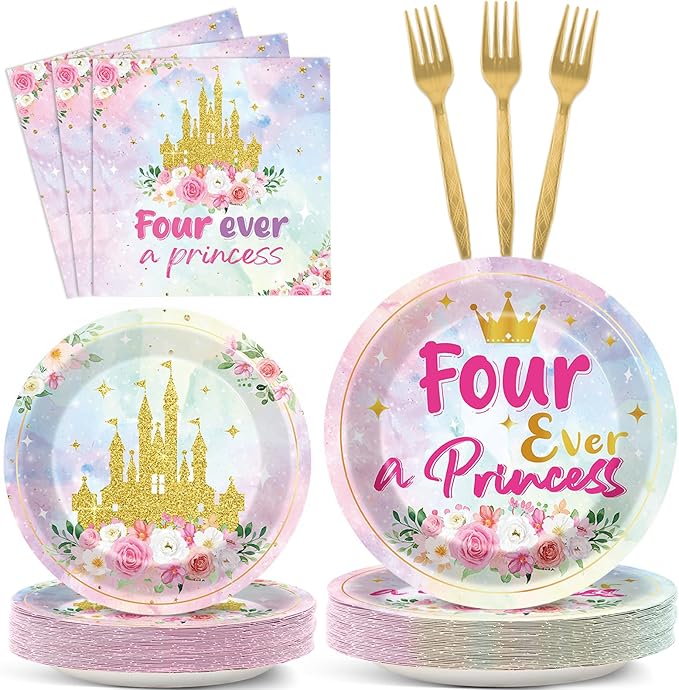 96Pcs Princess Birthday Party Supplies Four Ever a Princess Plate