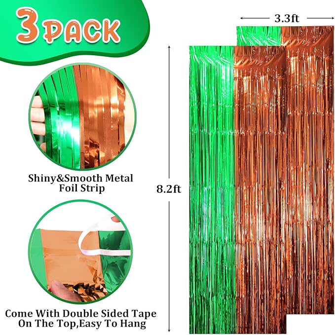 Voircoloria 3 Pack 3.3 x 8.2 ft Green and Brown Foil Fringe Backdrop
