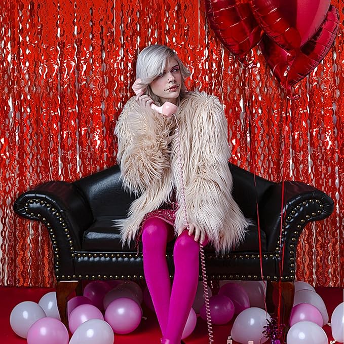 Red Tinsel Foil Fringe Curtains Wavy Backdrop for Parties Sparkle