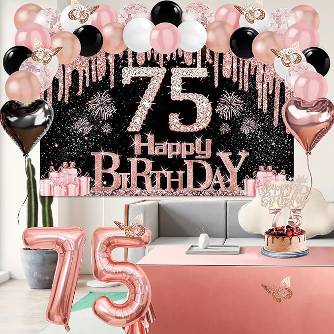 75th Birthday Decorations for Women 49pcs Black Rose Gold Black