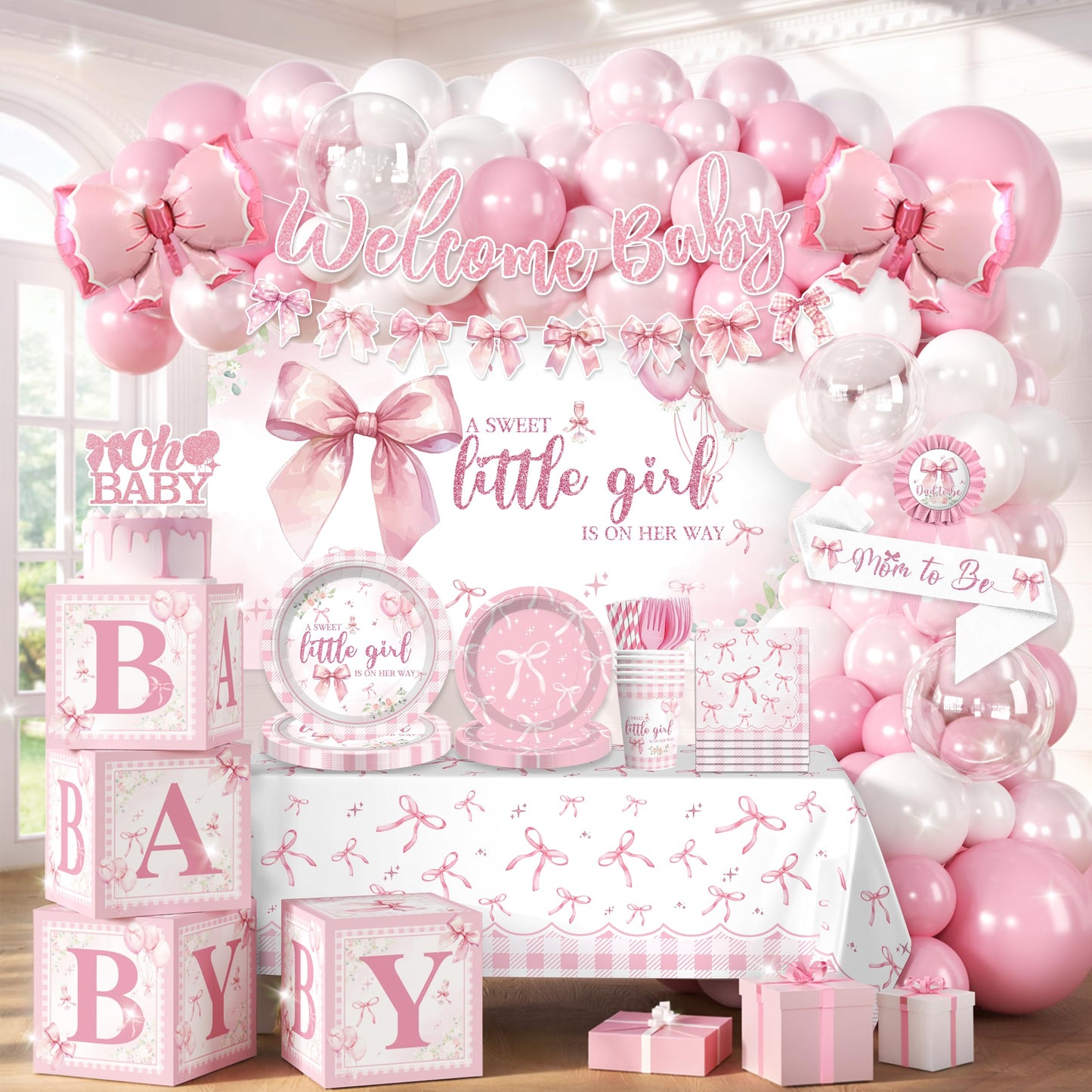 cocomigo 274 Pcs Pink Bow Baby Shower Decorations, All-in-One Party