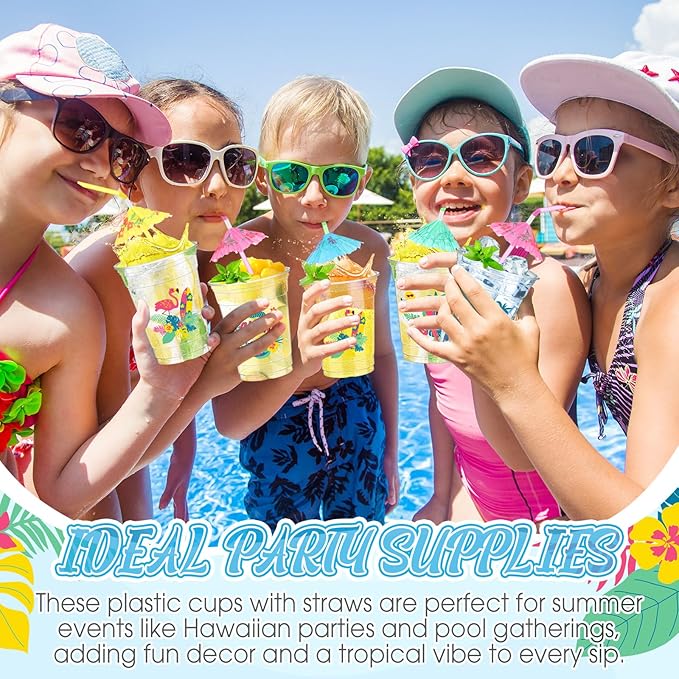100 Set Hawaiian Luau Party Cups with Umbrella Straws 12 oz Tiki
