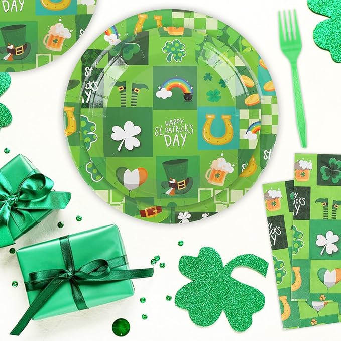 200Pcs St Patrick's Day Party Plates Supplies Green Shamrock Paper