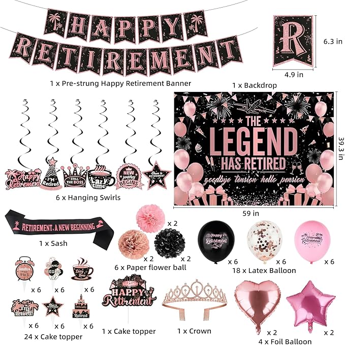 Elegant Rose Gold Retirement Decorations Kit for Women Features