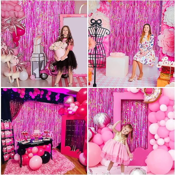 4 Packs Hot Pink Foil Fringe Curtain, Pink Glitter Metallic Tinsel