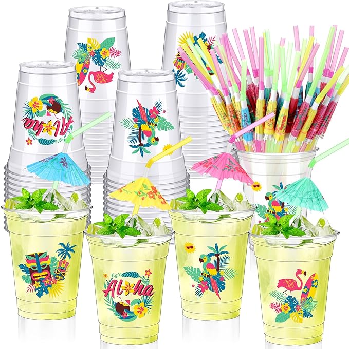 100 Set Hawaiian Luau Party Cups with Umbrella Straws 12 oz Tiki