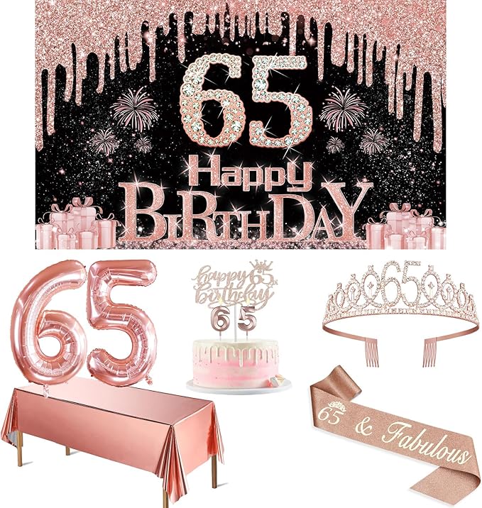 65th Birthday Decorations for Women with Banner Rose Gold Tablecloth