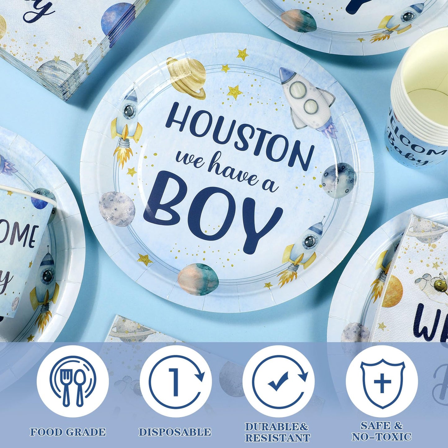 Hushee 200 Pcs Outer Space Baby Shower Paper Plates Napkins Cups Baby