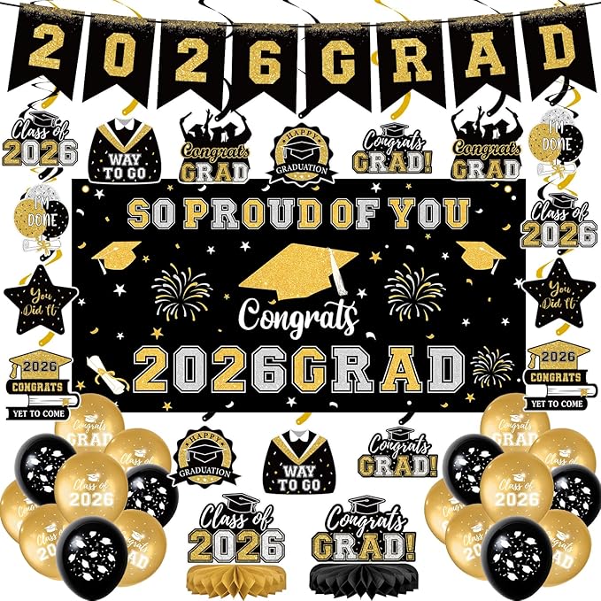 Graduation Decorations 2026 Black Gold Themed Grad Party Decor Set