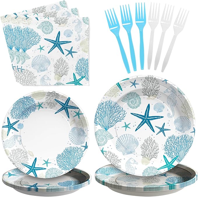 96Pcs Coastal Beach Party Decorations Blue Seashell Starfish Coral