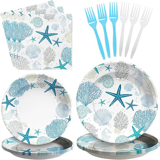 96Pcs Coastal Beach Party Decorations Blue Seashell Starfish Coral