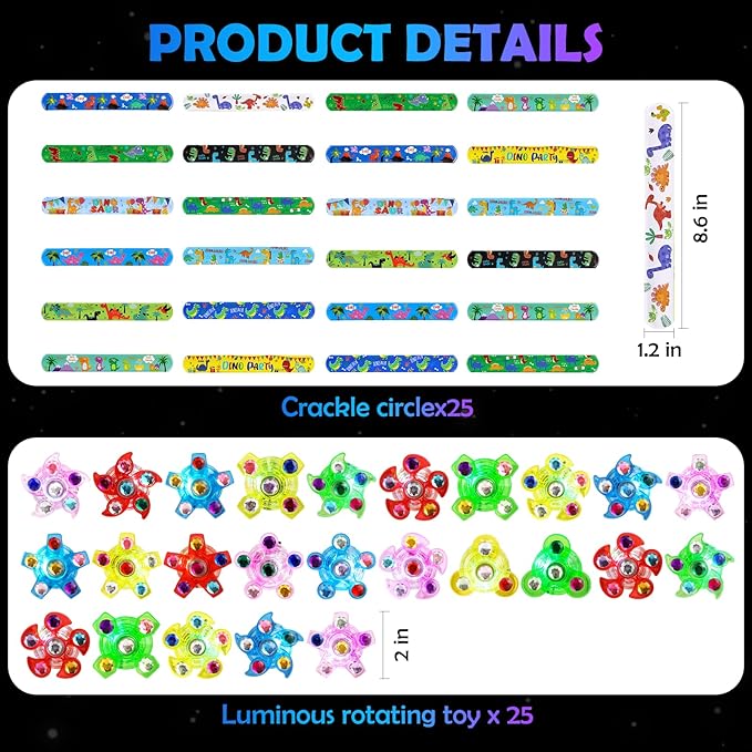 25 Pack Light Up Slap Bracelets for Kids Dinosaur Party Favors for