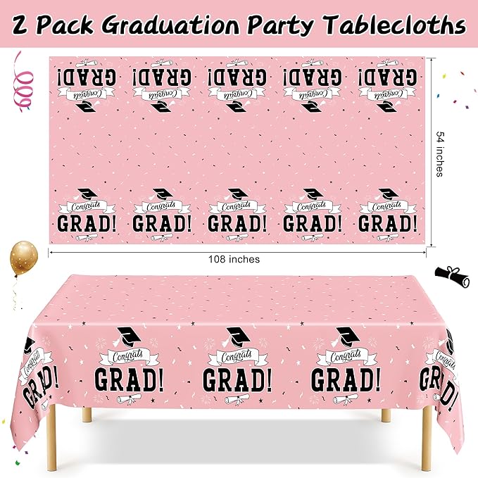 QZYL 2 PCS Graduation Tablecloth, 108" X 54" Pink Graduation