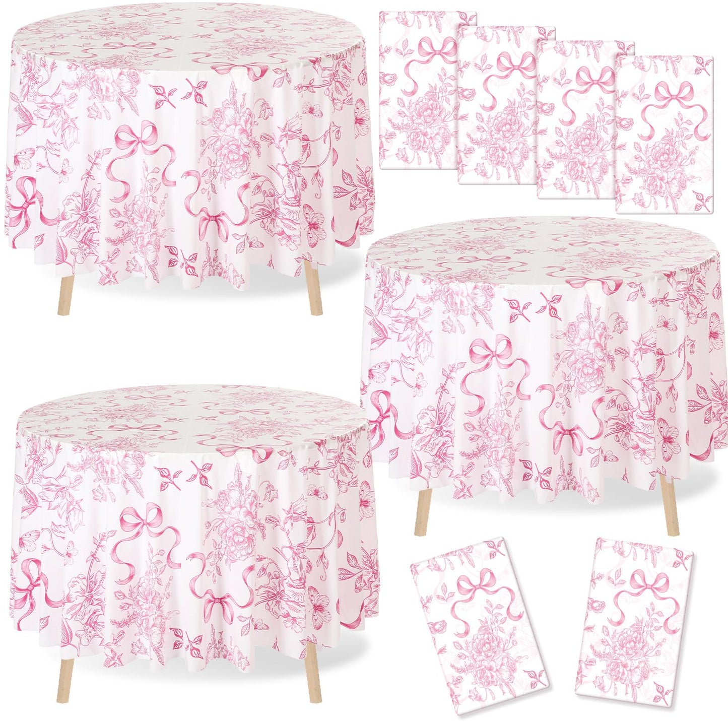 Ganeen 12 Pcs Pink Floral Bow Plastic Tablecloth Flower Round Vintage