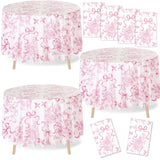 Ganeen 12 Pcs Pink Floral Bow Plastic Tablecloth Flower Round Vintage
